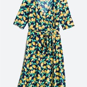 Julie Dillon Chantell Faux Wrap Jersey Knit Dress, lemon print, size 6p, navy